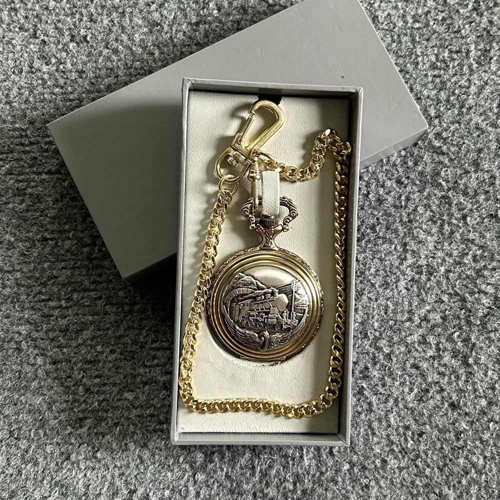 Rail Road Pocket Watch Men Train Majestron Full Hunter Quartz Chain